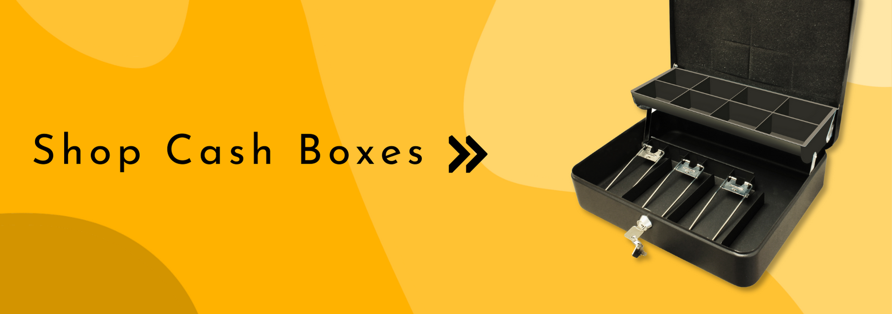 Image for the Cash Boxes category, featuring an open Ultimate Cash Box on a dual-tone yellow background, with the text 'Shop Cash Boxes >>' in bold, dark font.
