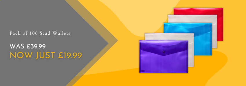 Promotional banner offering packs of 100 Stud Wallets, for £19.99. The banner advertises that these were previously priced at £39.99. There is an image of neatly stacked stud wallets in purple, clear, blue and red, on a vibrant yellow background.