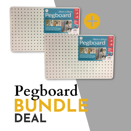 Promotional graphic for a 'Buy one get one half price' deal on 56x36cm pegboards, featuring two packaged pegboards with the text 'Pegboard BUNDLE DEAL' prominently displayed.