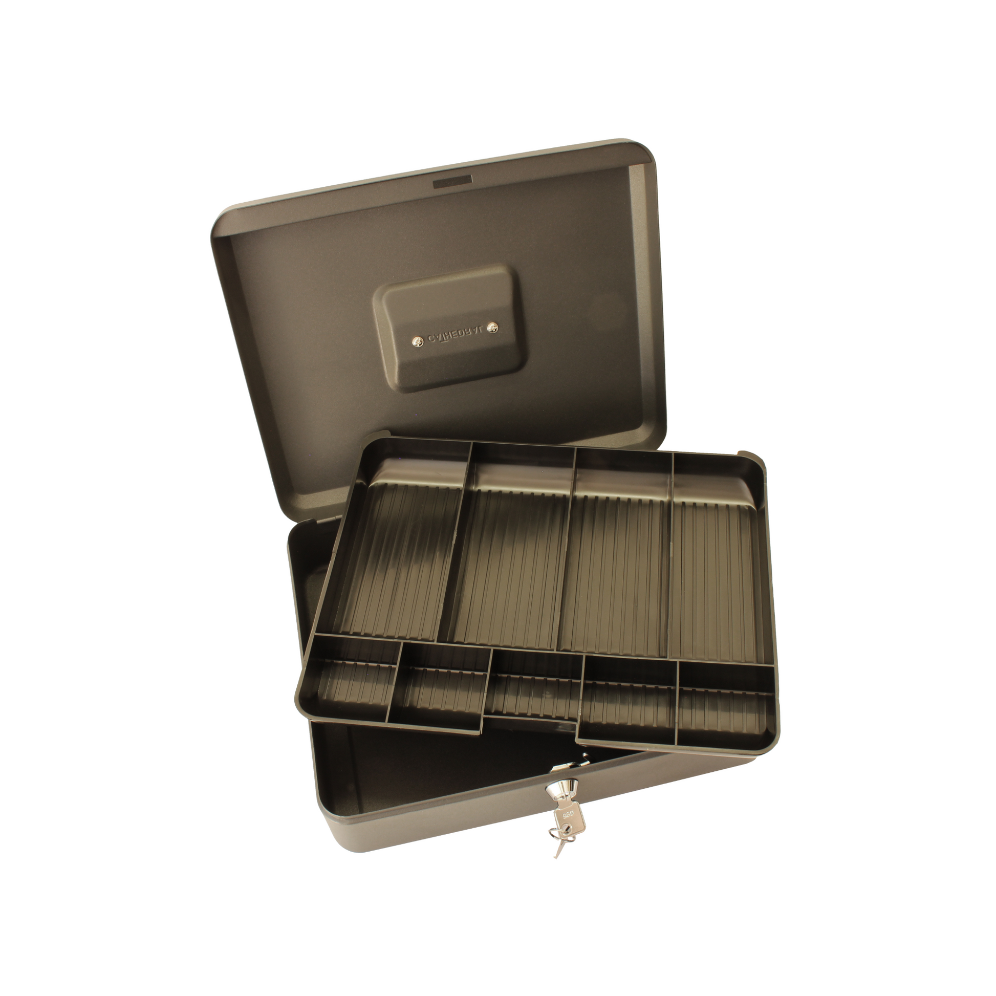 An open 12-inch key lockable matte black cash box with a lift-out black 9-compartment tray, designed for organizing and securing coins and cash. A set of 2 keys on a ring is shown inserted into the lock on the front of the cash box.