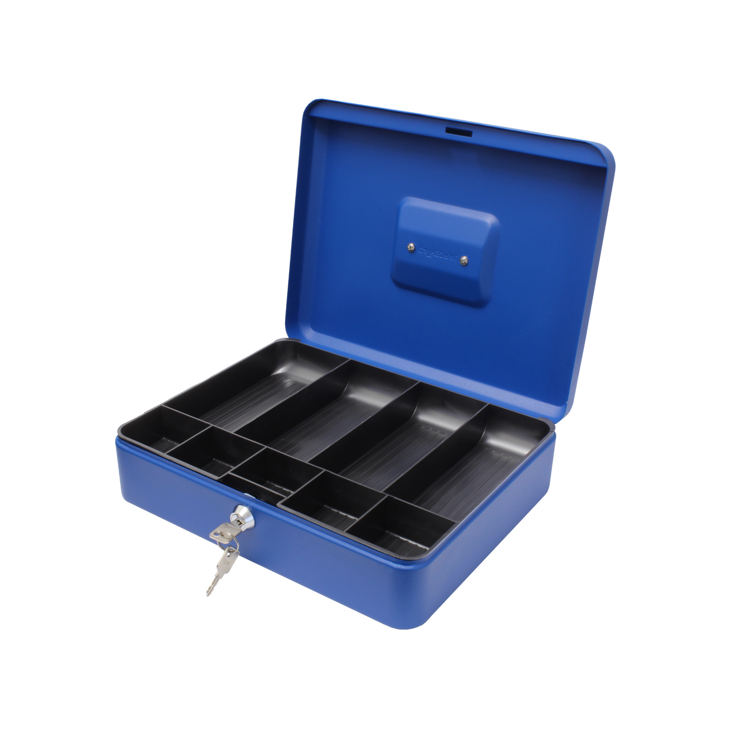 An open, matte blue, 12-inch key lockable cash box with a removable 9-compartment coin tray, displaying an assortment of coins and banknotes. A set of 2 keys on a ring is shown inserted into the lock on the front of the cash box.