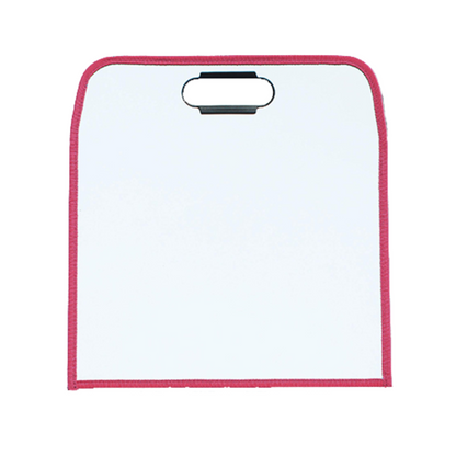 Blank dry-erase surface of the dry erase pad, with a sleek black carry handle on top, featuring a broad white writing surface and pink binding around the edge. Ideal for presentations, note-taking, or educational activities on the go.