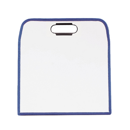 Blank dry-erase surface of the dry erase pad, with a sleek black carry handle on top, featuring a broad white writing surface and blue binding around the edge. Ideal for presentations, note-taking, or educational activities on the go.