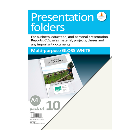 Pack of 10 Cathedral Products Presentation Folders in A4 size, featuring multi-purpose gloss white 250gsm card with a business card holder. The packaging highlights suitability for business, education, and personal use, displaying an example folder with an 'Annual Review' document.