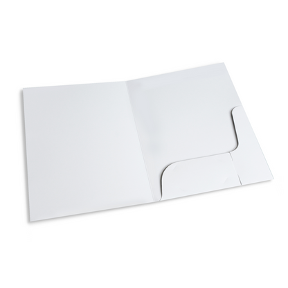 Open white gloss 250gsm card presentation folder lying flat, featuring a dedicated business card holder on the inside pocket. The clean, professional design is ideal for business or academic presentations.