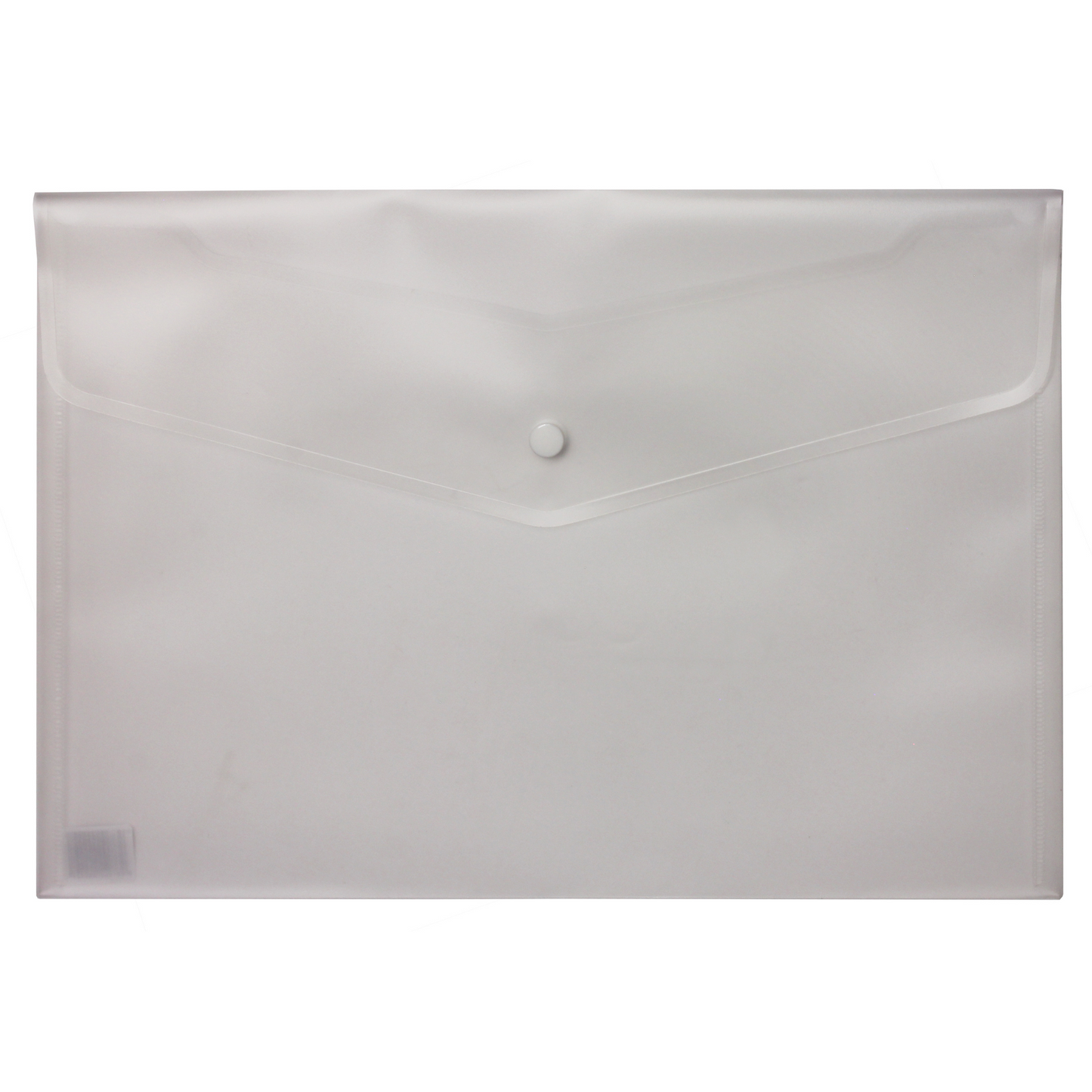 Clear A4-sized plastic stud wallet with a snap-button closure, displayed against a white background.