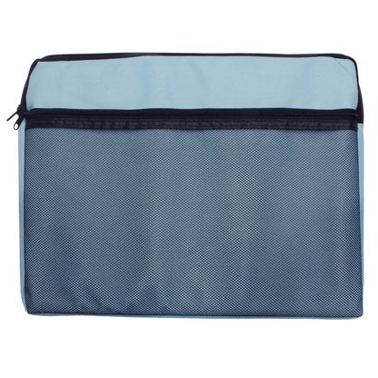 Durable A4 canvas document bag in pale plue, featuring a secure zip closure and an outer mesh pocket, ideal for organizing and carrying documents.