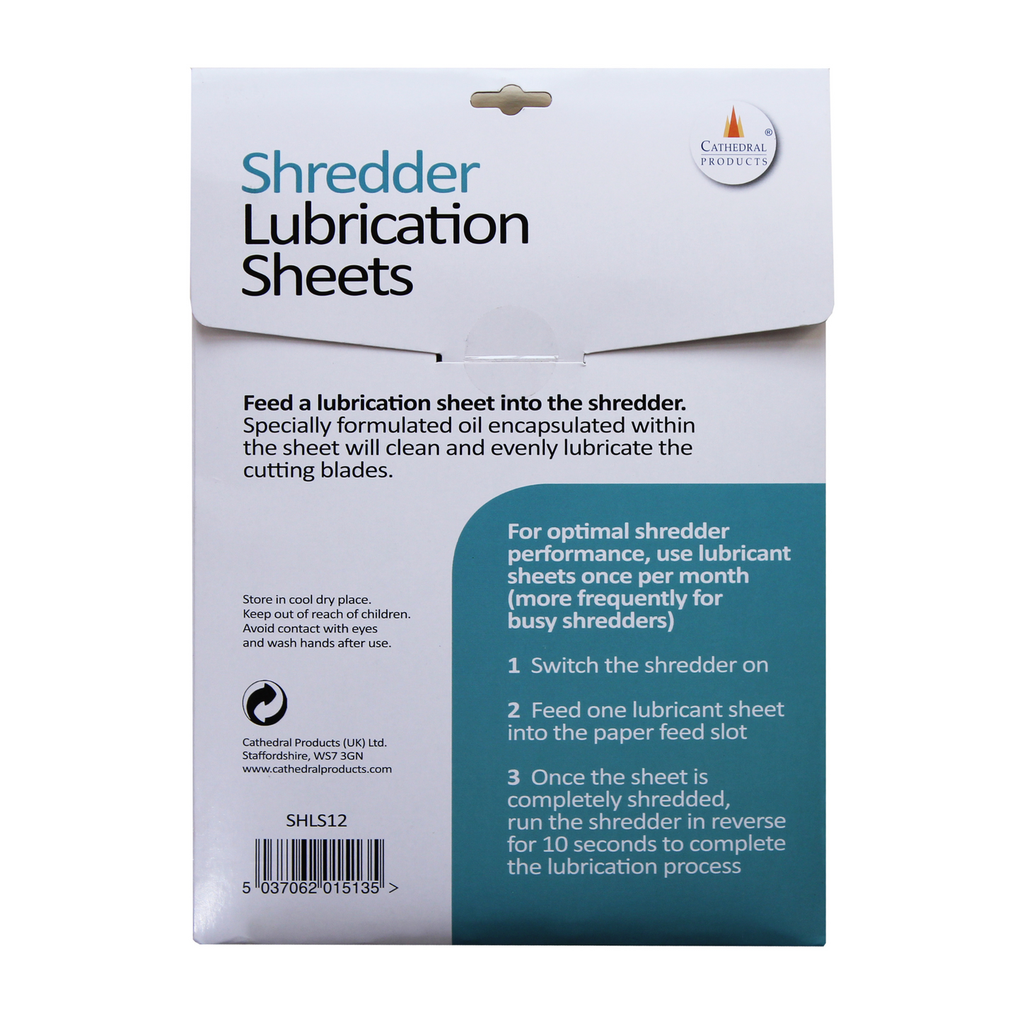 Back of the packaging for Cathedral Products' shredder lubrication sheets, providing instructions for use and tips for optimal shredder performance. The pack contains 12 sheets, and the label suggests using the sheets once per month or more frequently for busy shredders.