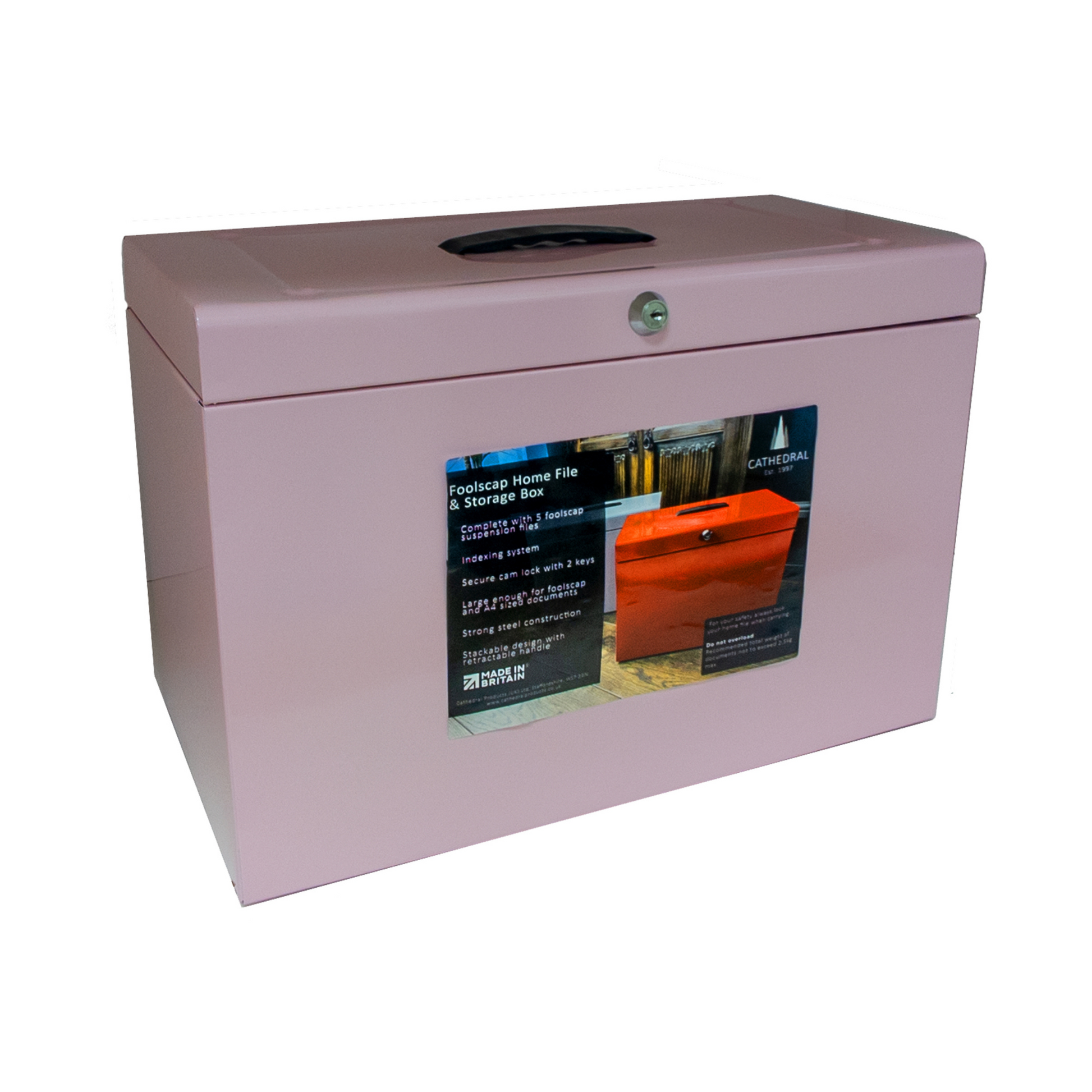 A pastel pink A4+ (Foolscap) steel home file box with a lock and key in the front and a carrying handle on top, comes with five suspension files included.