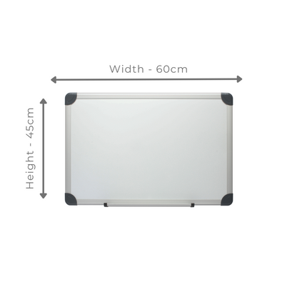 The image shows a front view of a whiteboard with dimensions labelled. The width is indicated as 60 cm across the top, and the height is labelled as 45 cm along the side. This whiteboard, with its compact size, is suitable for personal use, in a home office, or in a small workspace where wall space is limited. It features a metal frame with black corner caps and a marker tray.