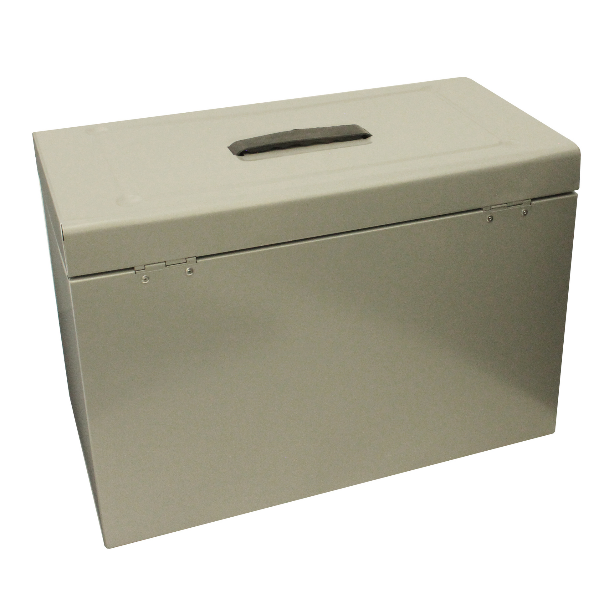 A silver grey A4+ (Foolscap) steel home file box showing rear, with sturdy riveted hinges and carrying handle on top in view.