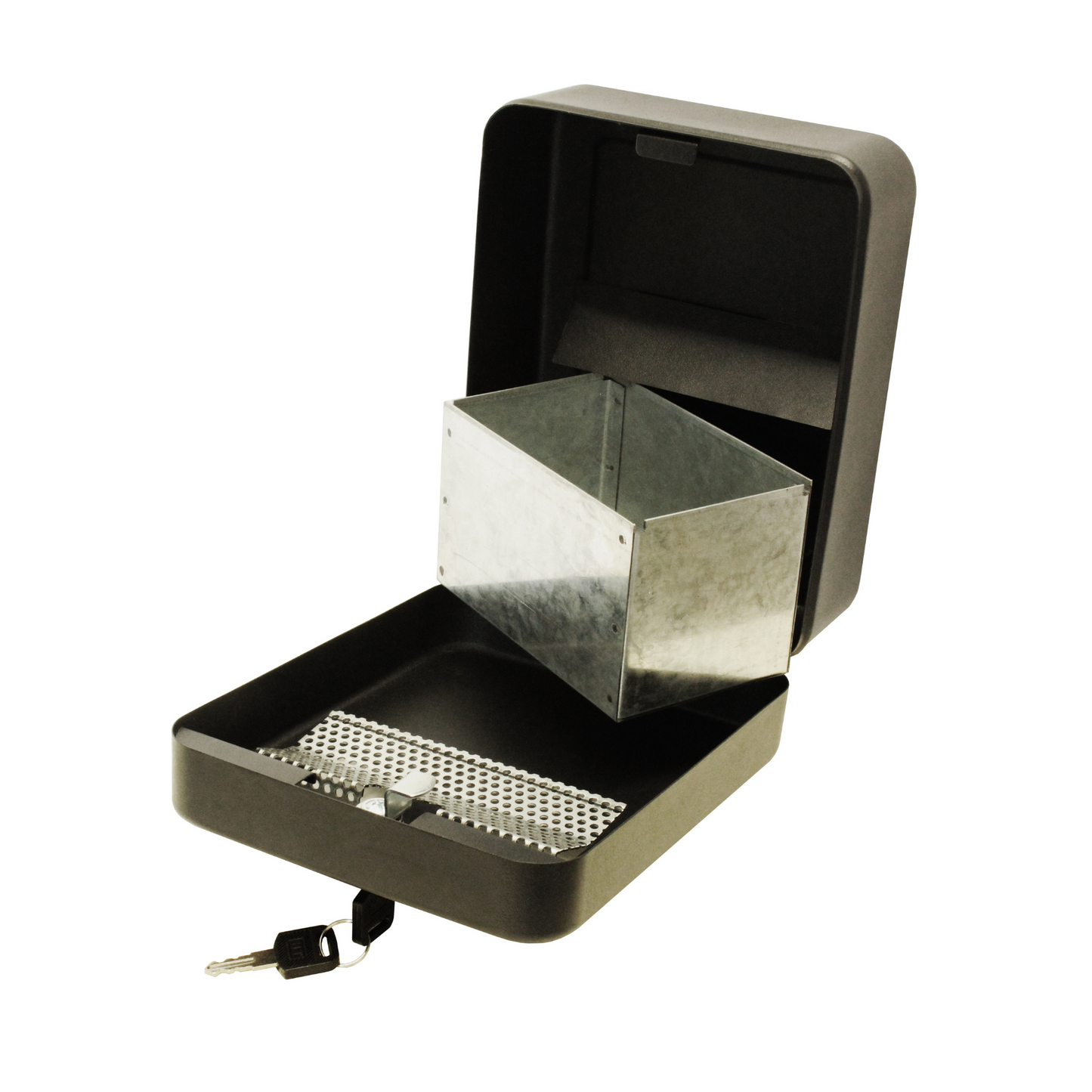 Open wall-mounted ash bin with a 1.0L capacity, showcasing the internal metal container and the perforated insert for extinguishing cigarettes. Two keys are present for the locking mechanism, ensuring secure maintenance.