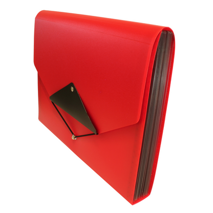 A bright red envelope-style folder with a triangular flap and elastic closure. The folder is made of a smooth, matte polypropylene material and is designed to hold a substantial number of documents, as suggested by its compact concertina side profile.
