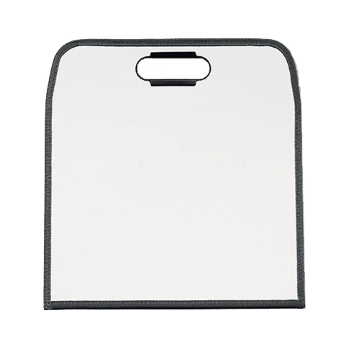 Blank dry-erase surface of the dry erase pad, with a sleek black carry handle on top, featuring a broad white writing surface and black binding around the edge. Ideal for presentations, note-taking, or educational activities on the go.