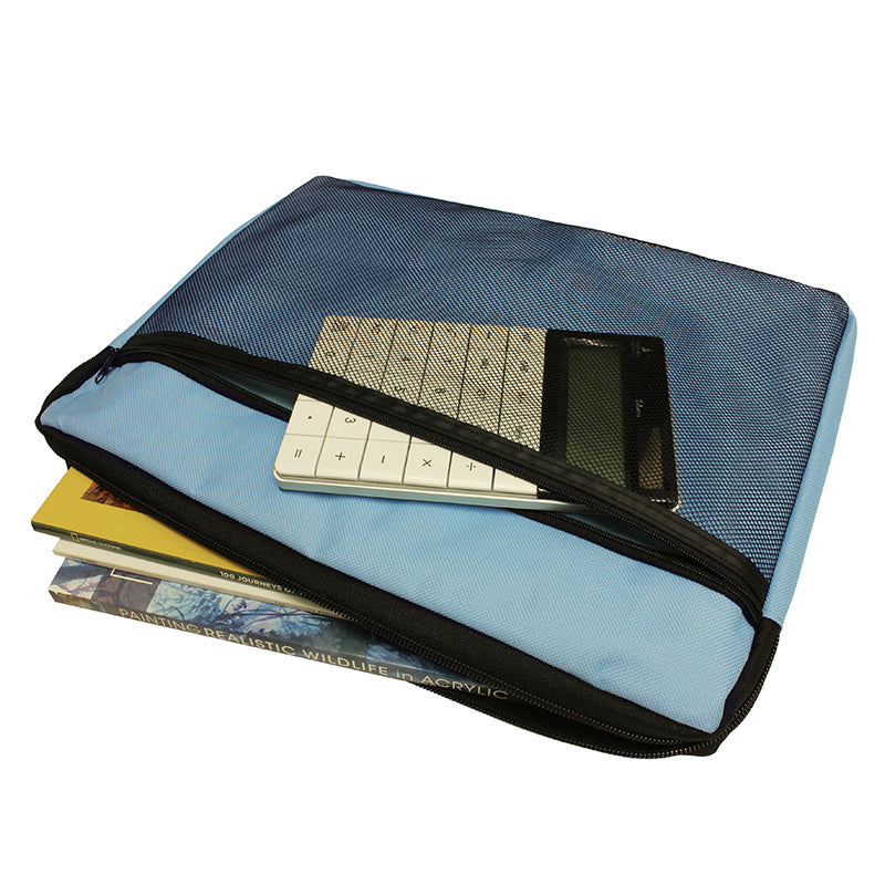 A partially open blue A4 canvas document bag with a zipper, revealing its contents including a calculator, a mobile phone, and art instruction books titled '50 Journeys' and 'Painting Realistic Wildlife in Acrylic', highlighting the bag's storage capability.