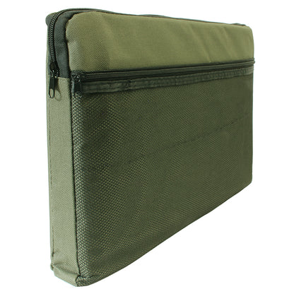Durable A4 canvas document bag in olive green, featuring a secure zip closure and an outer mesh pocket, ideal for organizing and carrying documents.