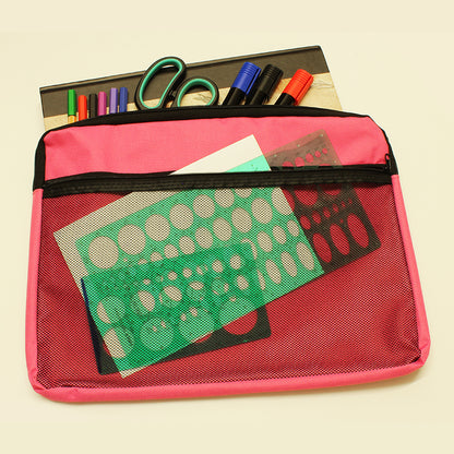 Bright pink A4 canvas document bag with a zip closure and an outer mesh pocket filled with stationery items such as colored markers, pencils, scissors, and a green stencil ruler, perfect for organizing school or office supplies.