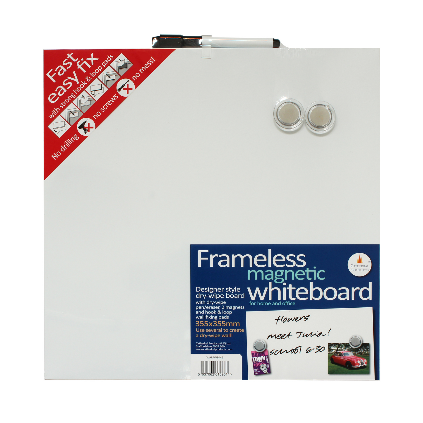 Packaging of the Cathedral Products Easy Fix Frameless Magnetic Whiteboard, sized 35 x 35 cm, featuring a designer style dry-wipe board with transparent, 2 round magnets and pen with an eraser in the cap. A handwritten note on the board says 'Meet Julia!', 'flowers' and 'School 6-30', suggesting personal or office scheduling uses.