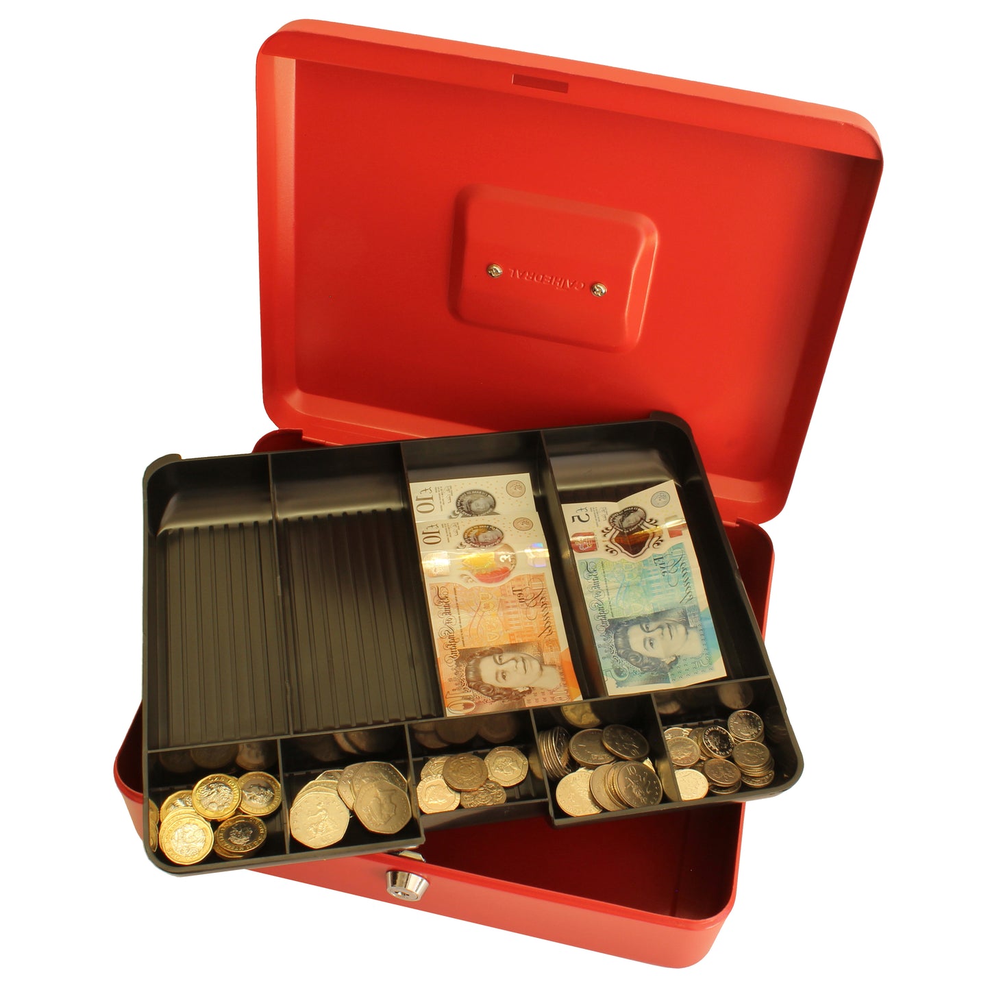 An open, matte red, 12-inch key lockable cash box with a removable 9-compartment coin tray, displaying an assortment of coins and banknotes. 