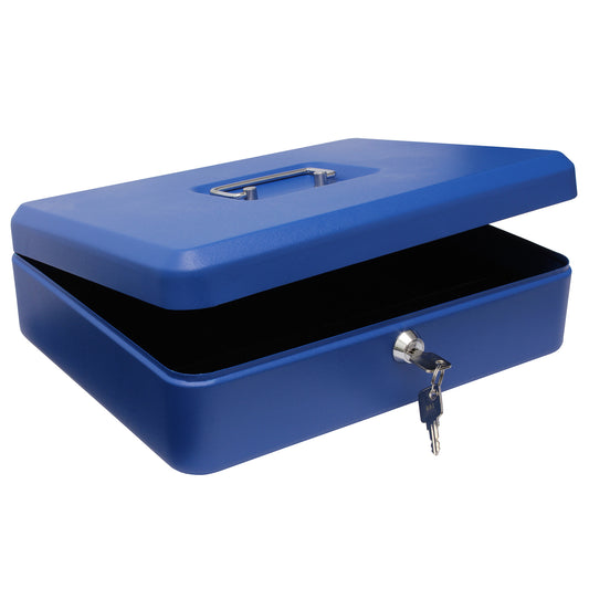 A partially open matte blue 12-inch key lockable cash box. The box features a sturdy metal handle and a secure lock at the front for safekeeping of cash and coins. A set of 2 keys on a ring is shown inserted into the lock on the front of the cash box.