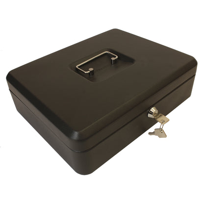 A closed matte black 12-inch key lockable cash box. The box features a sturdy metal handle and a secure lock at the front for safekeeping of cash and coins. A set of 2 keys on a ring is shown inserted into the lock on the front of the cash box.