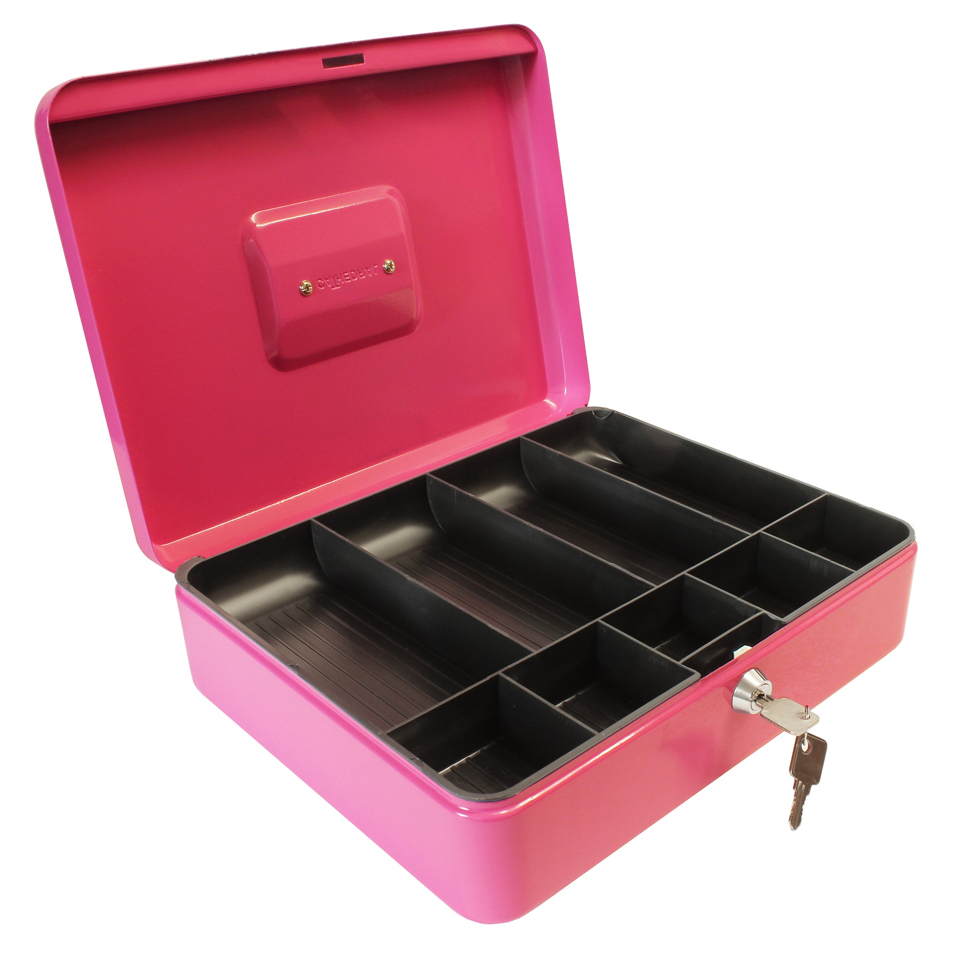 An open 12-inch key lockable gloss pink cash box with a lift-out black 9-compartment tray, designed for organizing and securing coins and cash. A set of 2 keys on a ring is shown inserted into the lock on the front of the cash box.