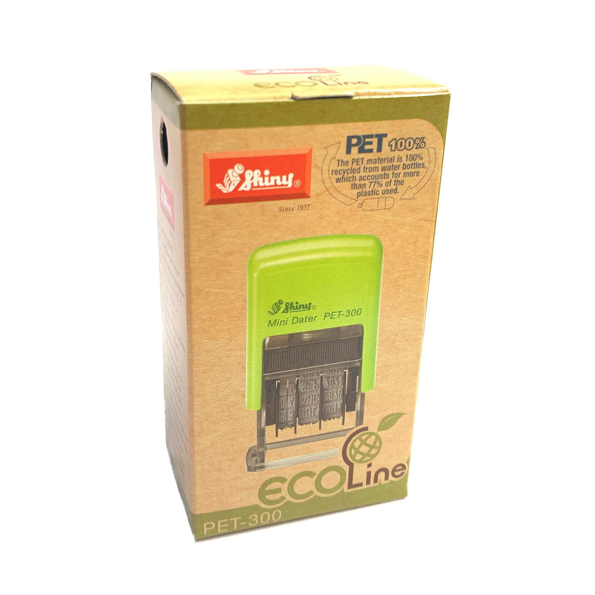 The box packaging for Shiny's Eco Line Mini Dater PET-300, made with 100% recycled PET material. The box has a natural cardboard background with a picture of the green self-inking date stamp and eco-friendly badges.