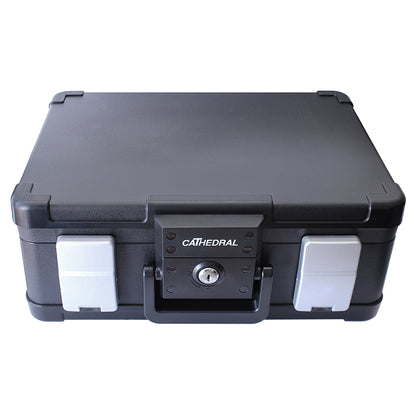 "Closed Cathedral Products DSBA4 UL Certified lockable A4 fire and waterproof security chest. It features a sturdy black design with silver latches and a central locking mechanism with a keyhole, conveying its use for secure document storage.