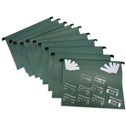 Array of 10 A4+ (Foolscap) green manilla suspension files fanned out with white paper inserts on top, accompanied by clear plastic tabs, ready for organization in a filing cabinet.