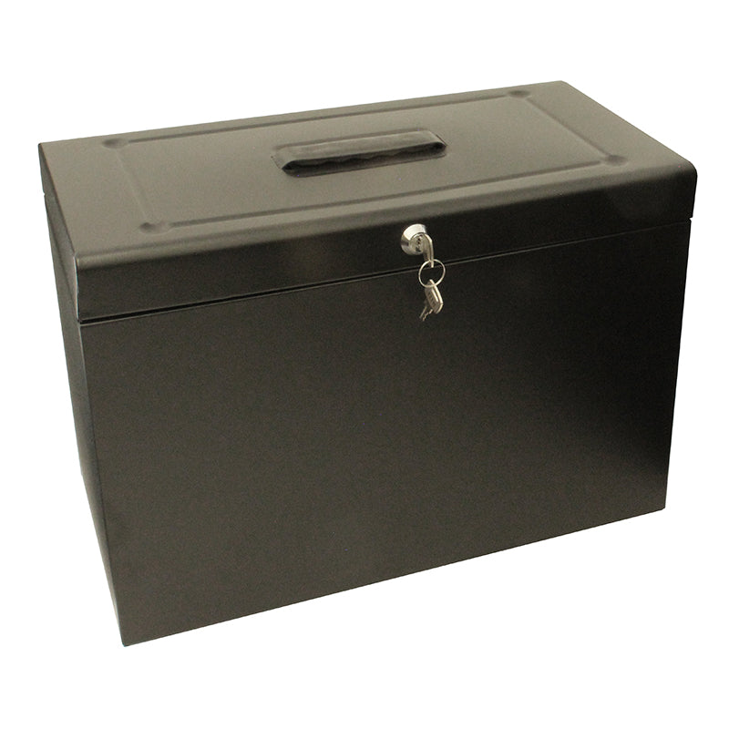 A black A4+ (Foolscap) steel home file box with a lock and key in the front and a carrying handle on top, comes with five suspension files included.