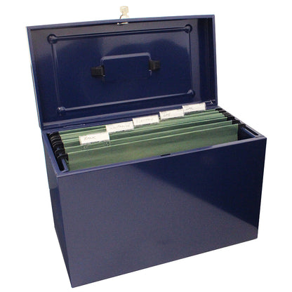 Open blue A4+ (Foolscap) steel home file box with five green suspension files inside, all with handwritten labels including 'Bills', 'Budget', 'Current Year', and others demonstrating organized document storage. 