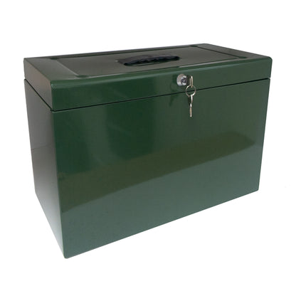 A British Racing Green A4+ (Foolscap) steel home file box with a lock and key in the front and a carrying handle on top, comes with five suspension files included.