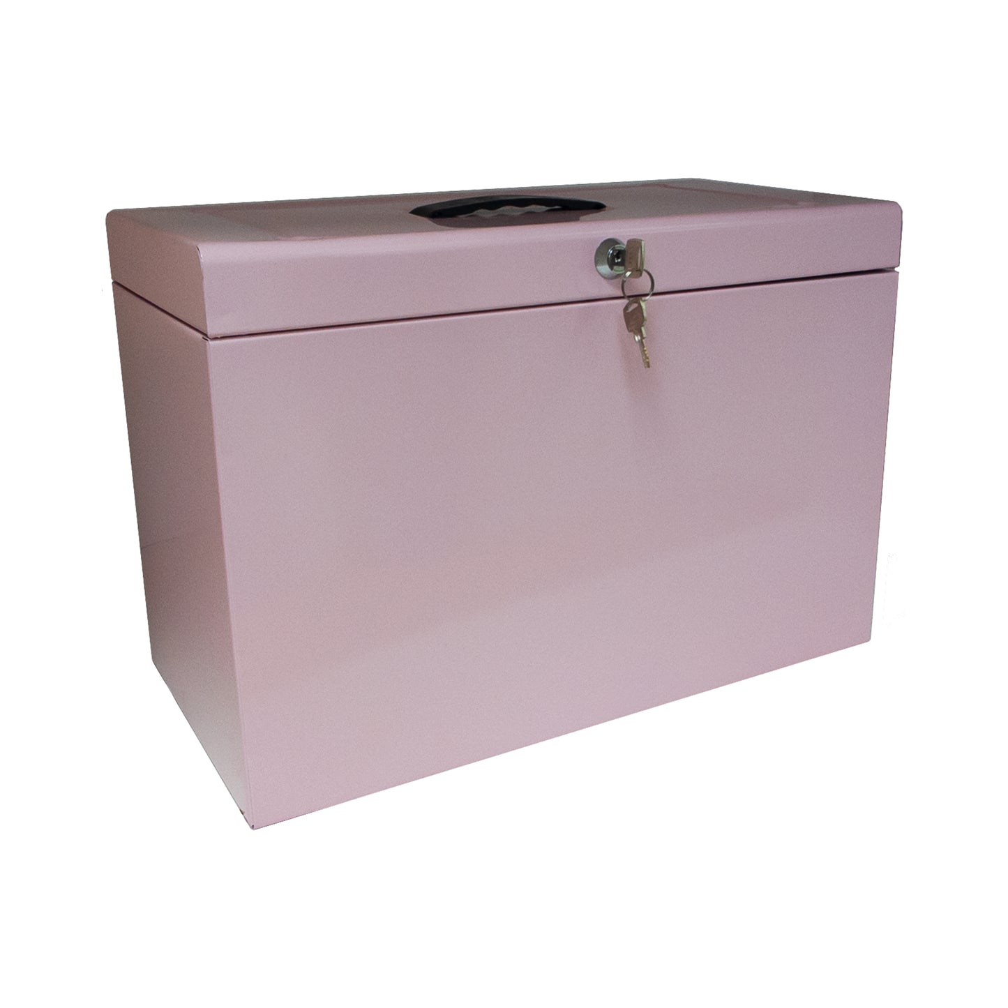 A pastel pink A4+ (Foolscap) steel home file box with a lock and key in the front and a carrying handle on top, comes with five suspension files included.