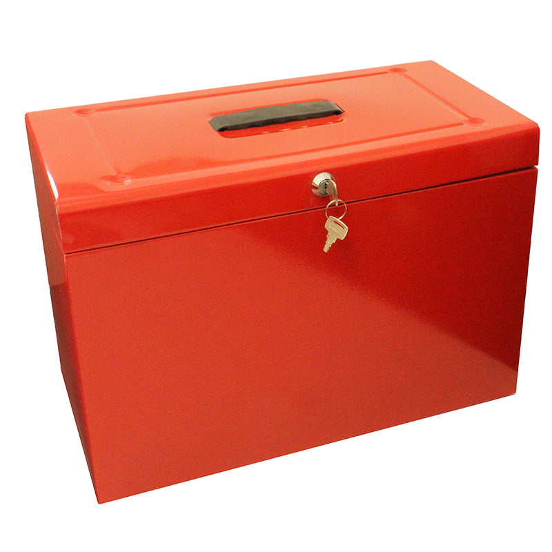A red A4+ (Foolscap) steel home file box with a lock and key in the front and a carrying handle on top, comes with five suspension files included.
