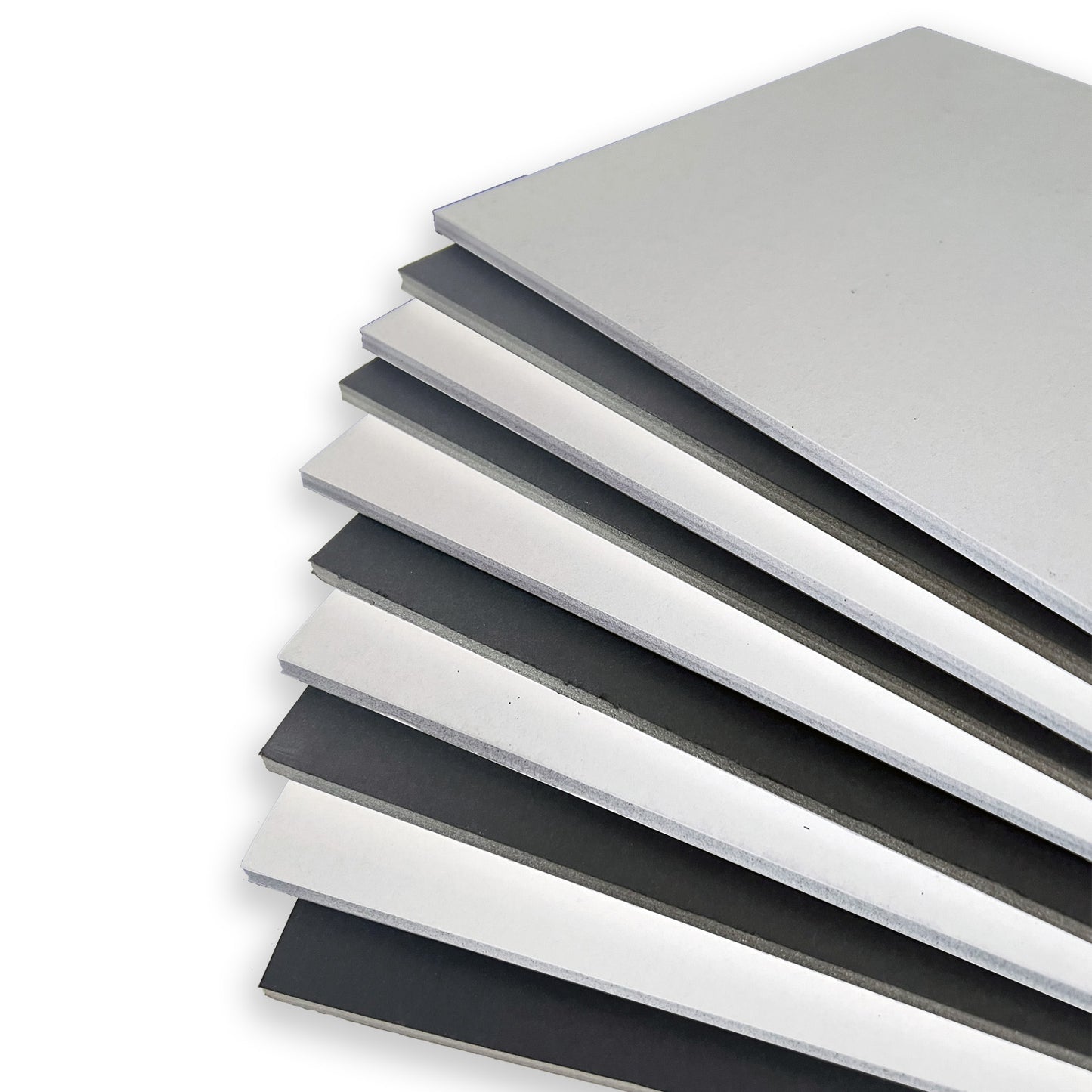 A pack of A1-sized 5mm foam boards arranged in alternating colors, with five sheets of white and five sheets of black, providing a visual representation of the product's variety for craft and presentation purposes.