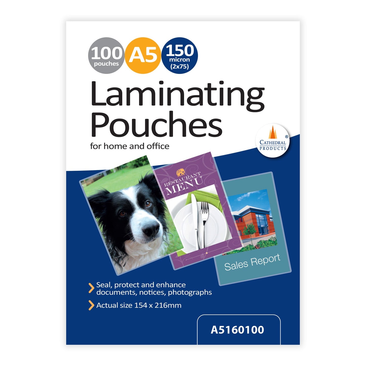 Package of Cathedral Products A5 gloss laminating pouches, 150 micron thickness, showing 100 pouches suitable for documents, notices, and photographs, with examples of a laminated dog photo, restaurant menu, and sales report on the front.