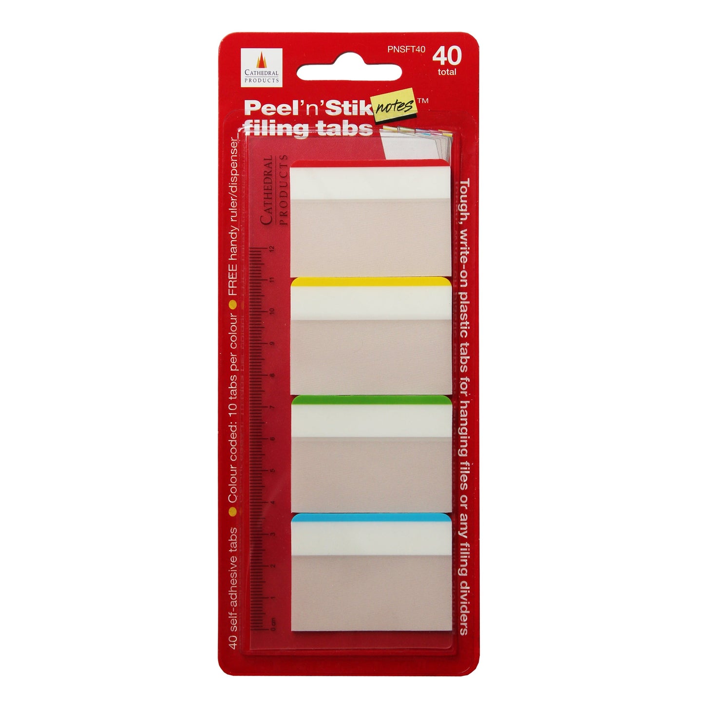 Pack of Cathedral Products Peel’n’Stick notes filing tabs, 37mm x 50mm, with a set of 40 color-coded, repositionable tabs. The packaging includes a built-in ruler and advertises the tabs as 'tough, write-on, plastic tabs for hanging files or ring binders'.