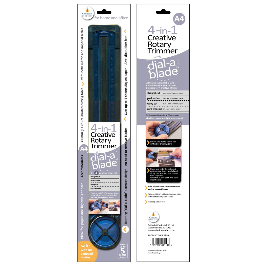 Packaging of the 4-in-1 A4 Creative Rotary Trimmer with 'Dial-A-Blade' system, highlighting its capabilities like straight cut, perforation, wave cut, and card creasing, with a blue and black design and clear instructions for home and office use.