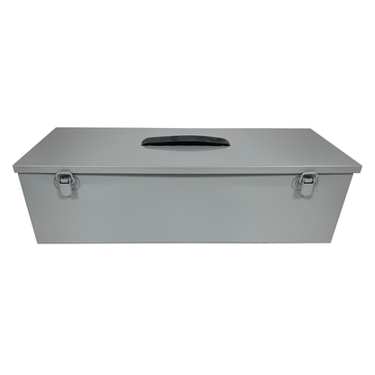 A light grey multi-use hobby and tool box featuring a sleek design with a fold down black plastic carrying handle and double toggle closure, isolated on a white background.