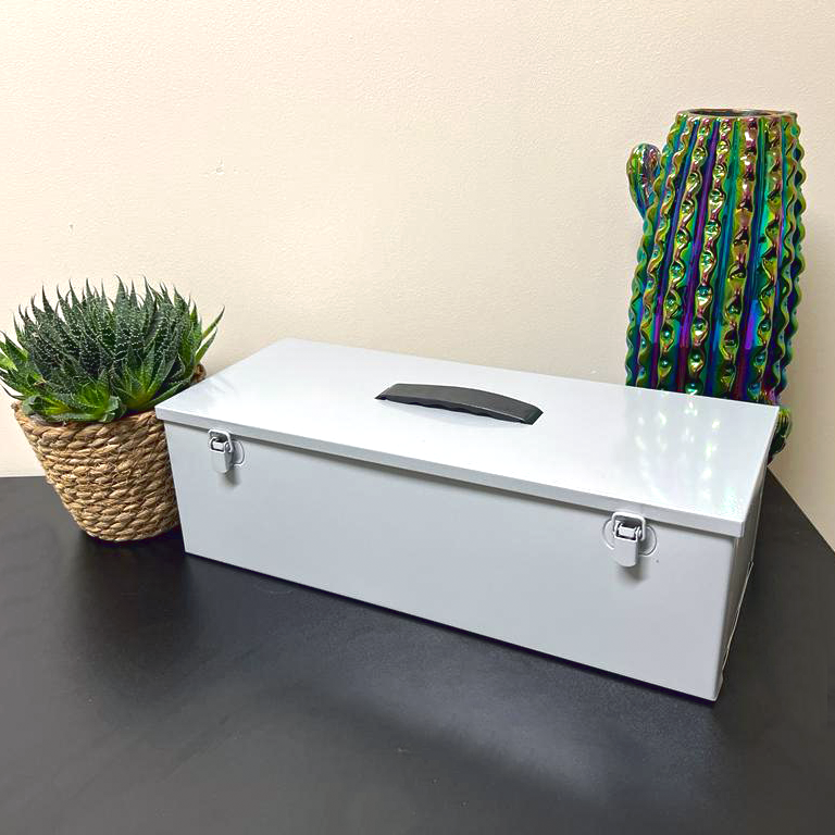 A light grey multi-use hobby and tool box with a double toggle closure and black plastic fold down handle is placed on a dark table next to a potted succulent in a woven basket, and an irridescent cactus vase.