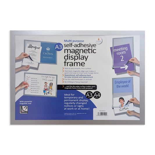 Packaging of a multi-purpose A3 self-adhesive magnetic display frame, highlighting its features such as easy stick to surfaces, quick insert and change of items, and repositionable adhesive back. The packaging shows the frame in use for a restaurant menu, meeting room sign, to-do list, and employee of the week display, emphasizing its versatility for home or office use.