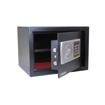 Cathedral Products EA25 16 Litre Electronic Digital Safe with a partially open door, showing an empty interior with a red velvet base, as well as interior shelf. The image showcases the safe's robust black exterior and double locking bolts, suitable for safeguarding valuables at home or in the office.