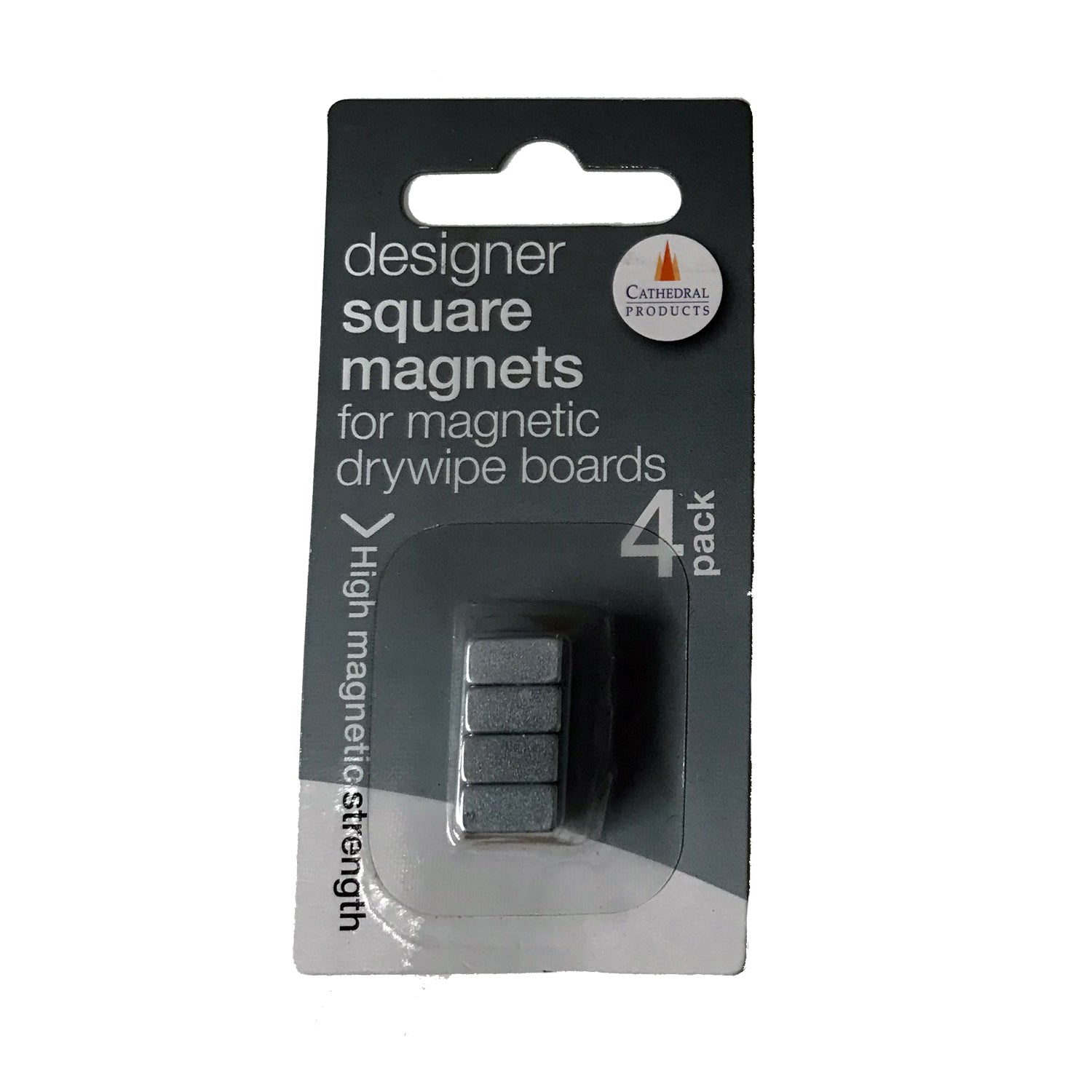 Packaging of Cathedral Products' designer square magnets for magnetic drywipe boards. The pack contains four high-strength neodymium magnets, displayed through a clear window on the blister packaging.
