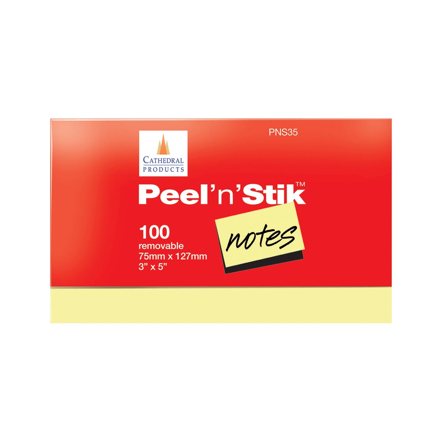 Packaged Cathedral Products Peel'n'Stik Notes showing plastic wrap with a bold red colour, and a window at the bottom to display the yellow colour of the sticky note pad. The packaging highlights the product details '100 removable notes, 75mm x 127mm, 3" x 5"' against the vibrant background.