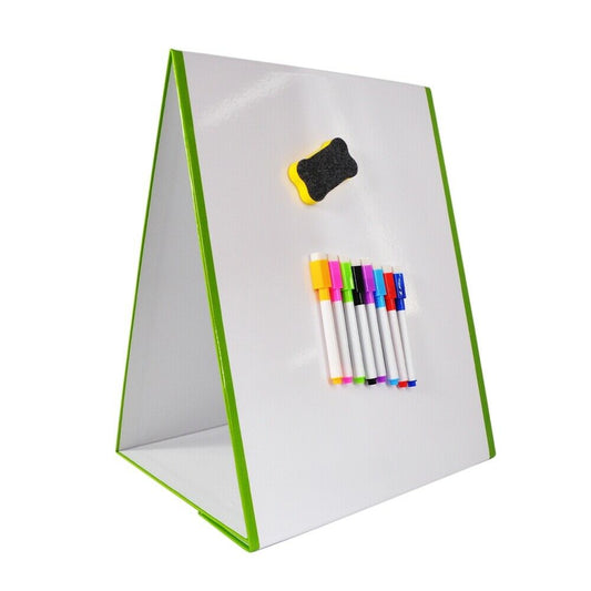 White A3 magnetic dry erase easel with a green trim, accompanied by colorful markers and a black and yellow eraser, ready for presentations or educational activities.