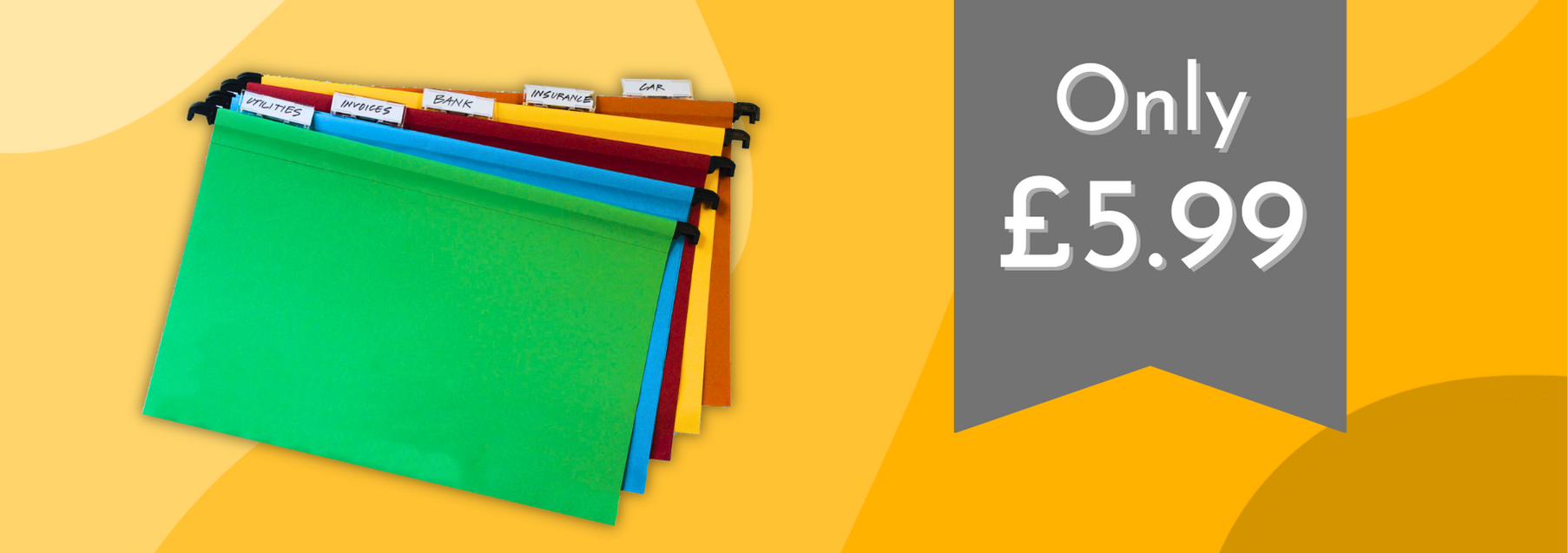 Promotional banner with an offer for a pack of 10 assorted colour suspension files, with 'Only £5.99' on a grey banner on a vibrant yellow background.