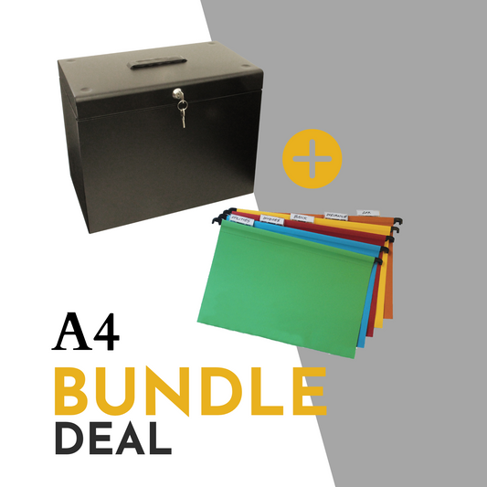 Promotional image for an A4 file storage bundle deal, including a black file box with a handle and key lock, plus an additional set of 10 assorted color A4 suspension files with index tabs, showcasing an organized filing solution.