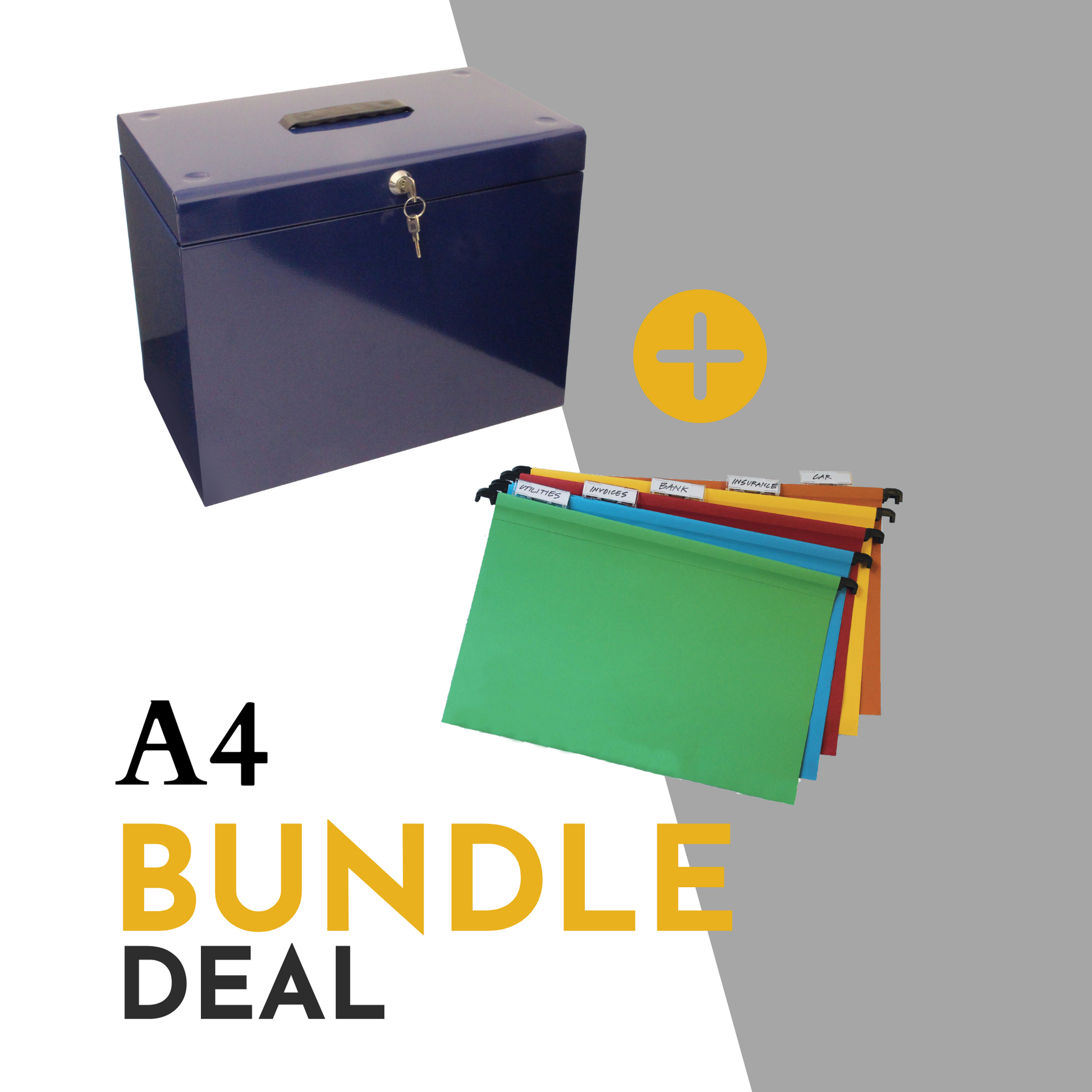 Promotional image for an A4 file storage bundle deal, including a blue file box with a handle and key lock, plus an additional set of 10 assorted color A4 suspension files with index tabs, showcasing an organized filing solution.