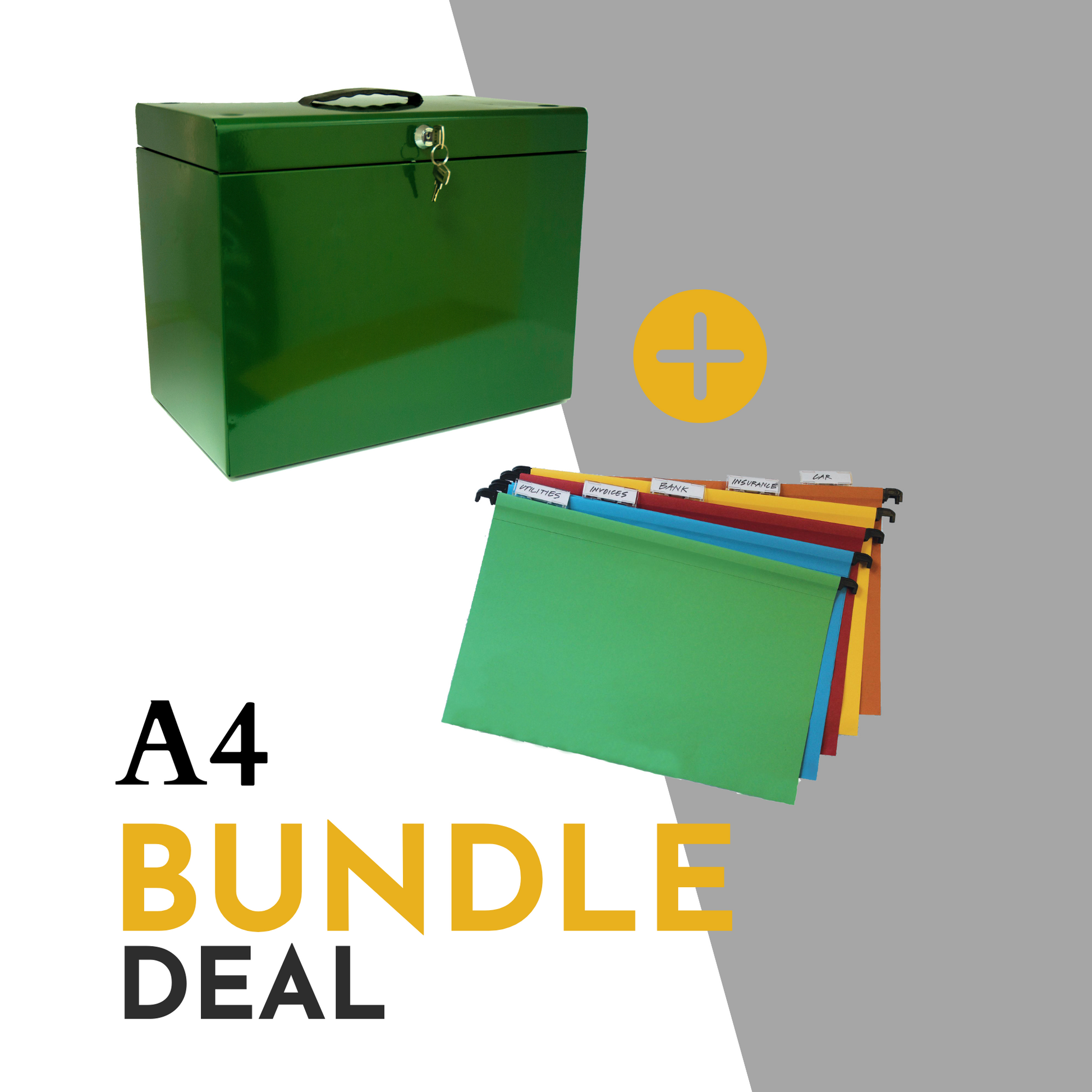 Promotional image for an A4 file storage bundle deal, including a British racing green file box with a handle and key lock, plus an additional set of 10 assorted color A4 suspension files with index tabs, showcasing an organized filing solution.