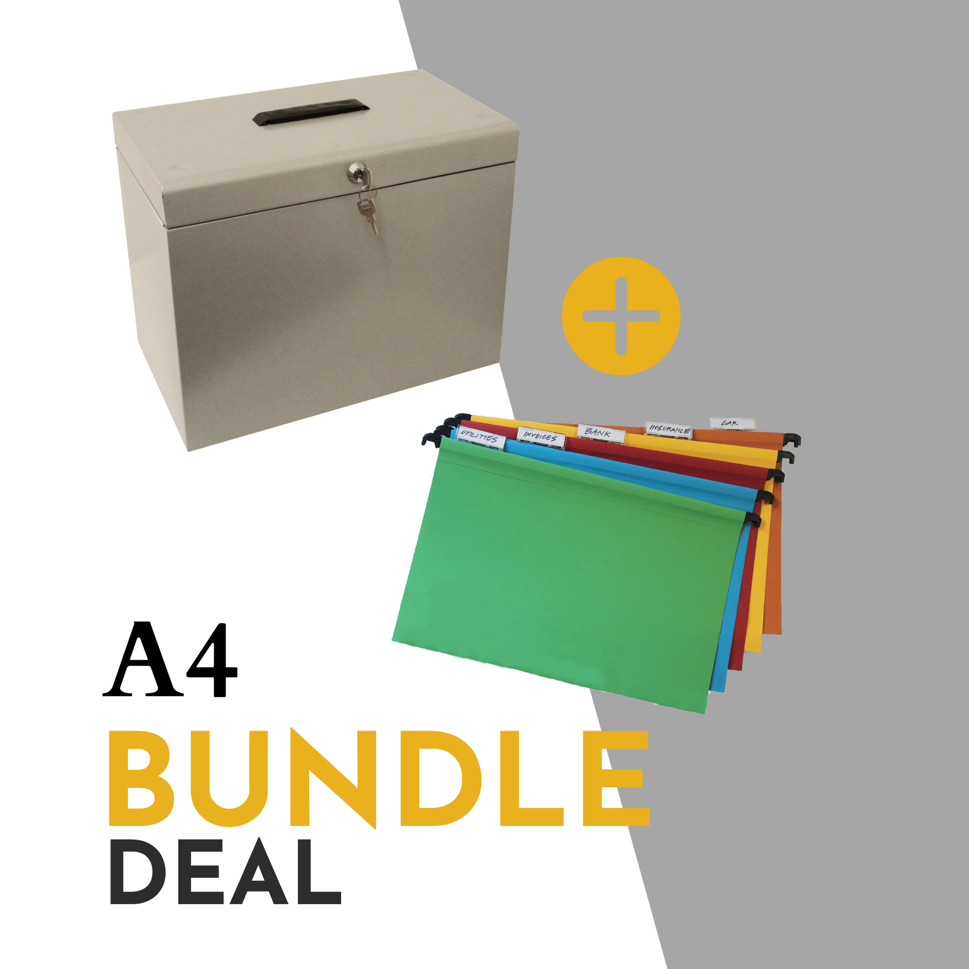 Promotional image for an A4 file storage bundle deal, including a silver grey file box with a handle and key lock, plus an additional set of 10 assorted color A4 suspension files with index tabs, showcasing an organized filing solution.